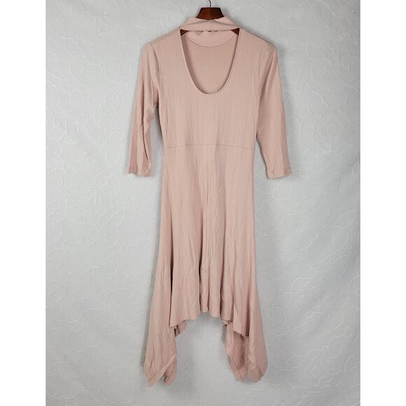 Anthropologie Womens Dress Size M Pink Mock Neck Asymmetric Hem Ribbed Open Back - Picture 1 of 12